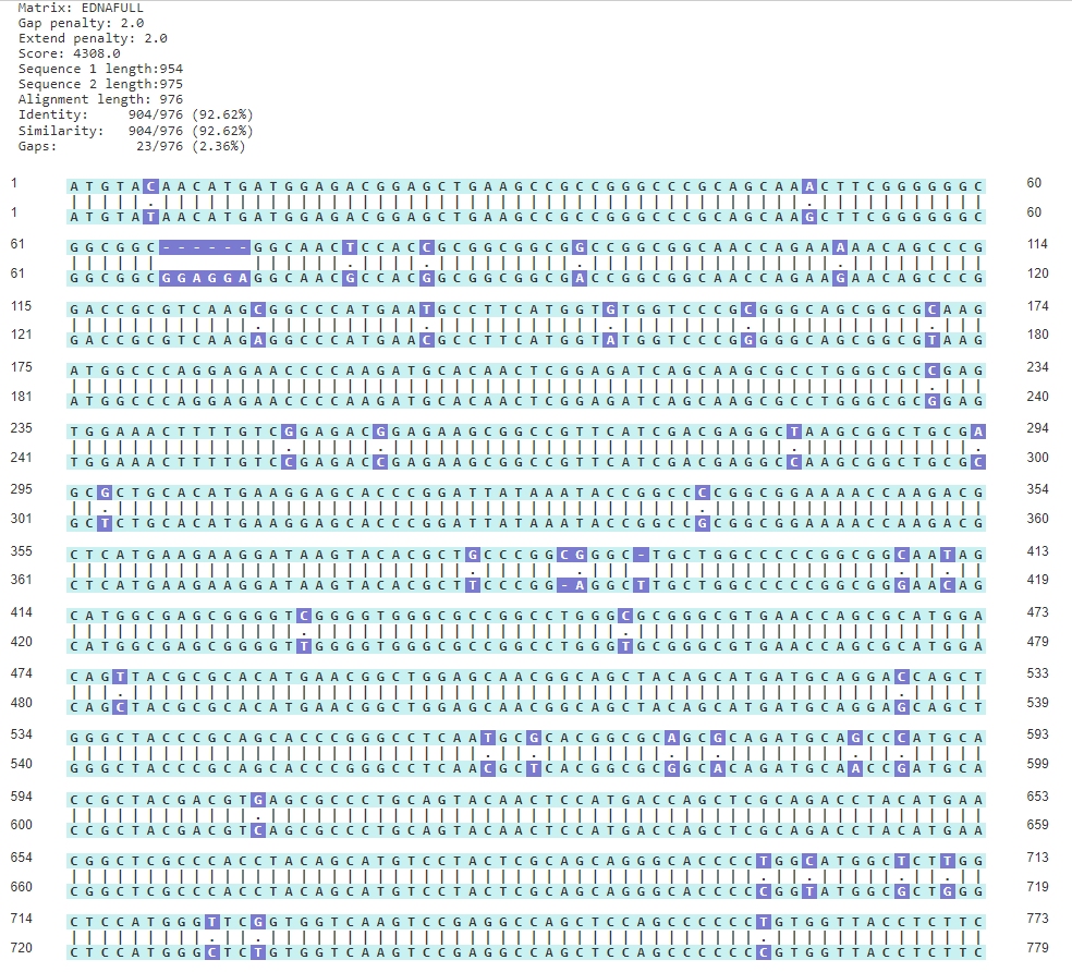 Alignment between coding sequences for Sox2 in human and mouse.