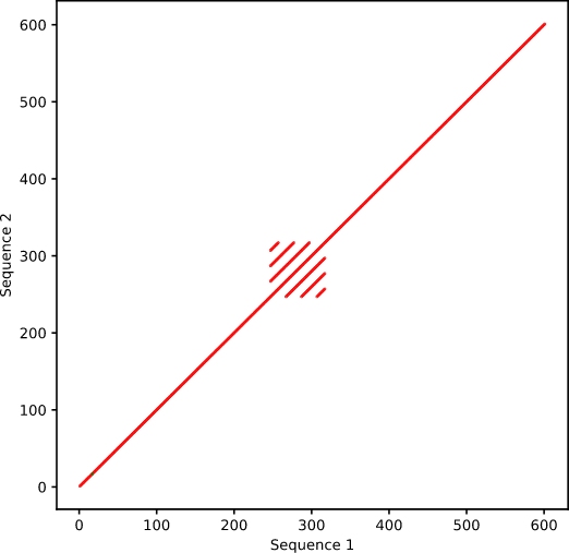 Alignment of sequence with itself, containing internal repeats